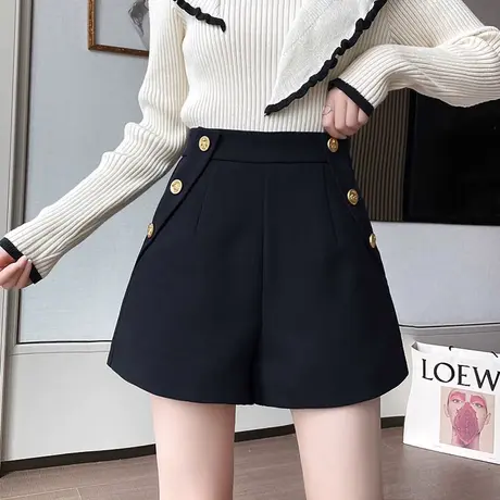 网红短裤女2022新款春秋冬季外穿黑色高腰A字显瘦时尚毛呢阔腿裤图片