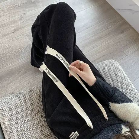 灯芯绒微喇裤子女2023年春秋新款高腰阔腿宽松显瘦复古休闲条绒裤商品大图