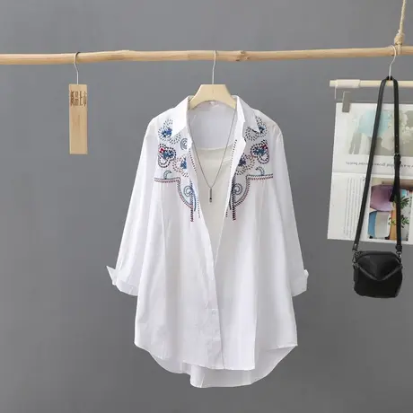 秋装新款刺绣长袖上衣中长款时尚纯棉白色衬衫女宽松打底上衣衬衣图片