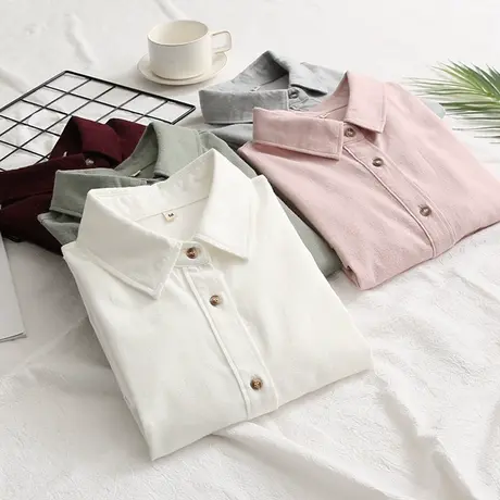春装韩版法兰绒磨毛百搭纯棉衬衣女复古文艺翻领打底正装白色衬衫图片