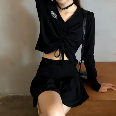 韩版复古高腰露脐针织上衣女春秋长袖打底衫小心机V领短款外搭T恤商品大图