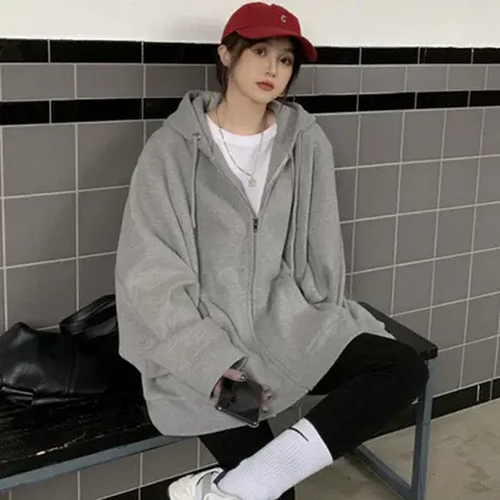 oversize卫衣女2021春秋薄款宽松韩版bf慵懒风开衫连帽外套潮ins商品大图