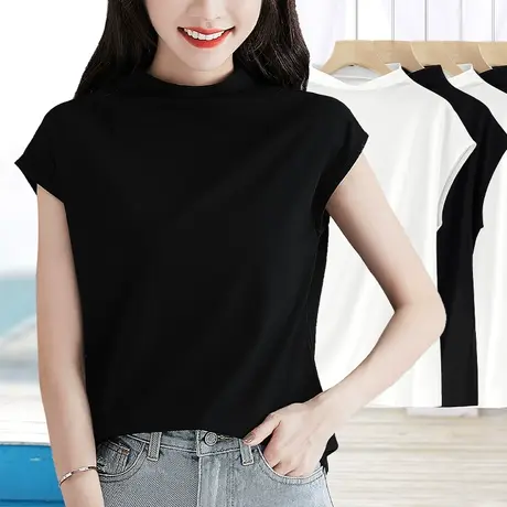 女士夏季新款上衣黑色小高领连肩袖t恤修身净版简约百搭体恤薄款图片