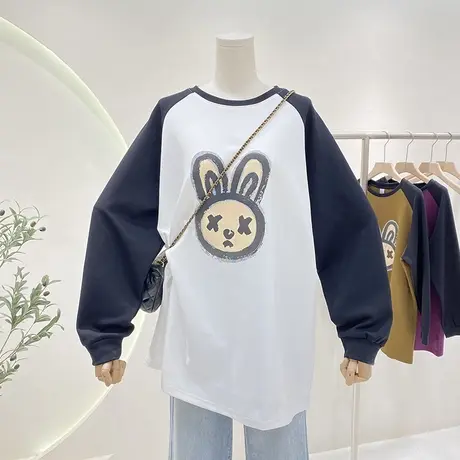 长袖t恤女春秋新款宽松胖MM百搭插肩袖卡通兔子印花中长款打底衫图片
