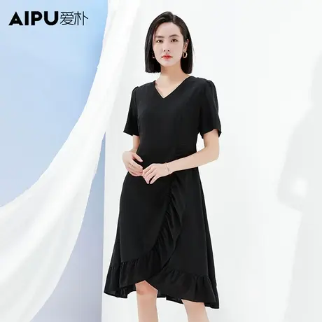 爱朴大码女装高腰褶皱气质鱼尾裙2023新款夏季胖mm显瘦梭织连衣裙图片