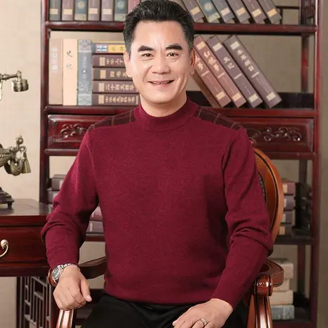 本命年大红色毛衣服男士中老年人羊毛衫加厚保暖爸爸装针织衫圆领商品大图