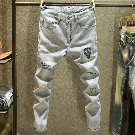 夏季轻奢灰色男士牛仔裤大牌印花修身欧版长裤时尚烫钻小脚裤薄款商品大图