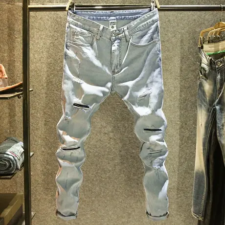 潮牌割破刮烂牛仔裤男款浅色百搭修身小脚裤欧美街头痞帅男装长裤商品大图