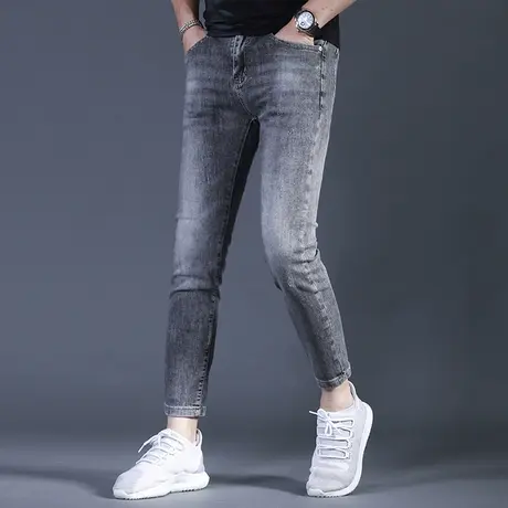 九分牛仔裤男修身小脚夏季薄款烟灰色潮牌百搭休闲男士裤子9分裤商品大图