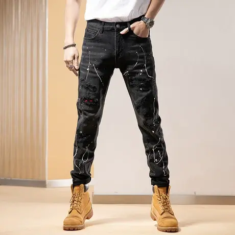 Modi Nick/摩帝尼克牛仔裤男款破洞潮牌长裤印花时尚百搭牛仔裤男商品大图