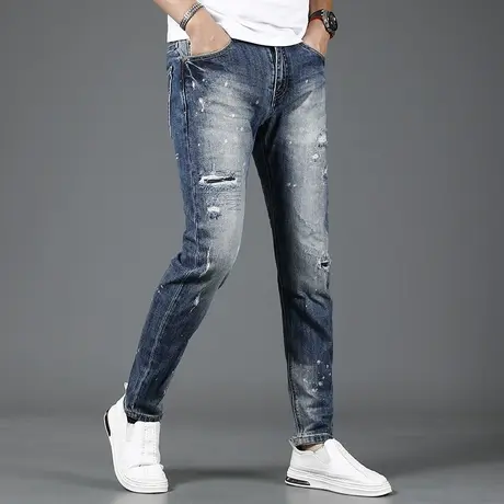 高街破洞牛仔裤男款修身小脚2023新款夏季薄款蓝色潮牌男士长裤子商品大图