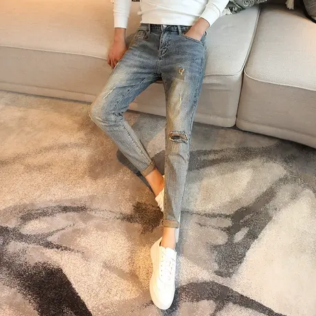 新款秋装个性补丁小脚九分裤潮男韩版修身破洞裤子青年百搭铅笔裤商品大图
