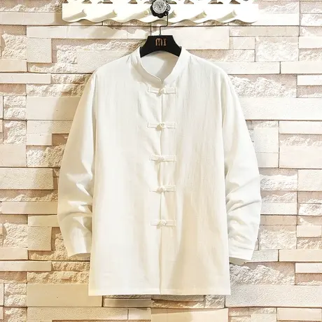 新中式棉麻汉服男款古风盘扣衬衫男长袖夏季休闲唐装中山立领衬衣商品大图