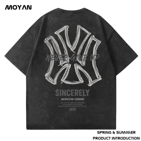 重磅黑色t恤oversize美式复古水洗做旧短袖男生高街潮牌大码半袖商品大图