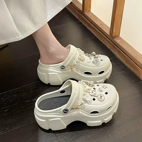 增高厚底洞洞鞋女夏2023年新款防滑拖鞋时尚水钻链条松糕沙滩凉鞋商品大图