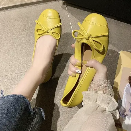 鞋子女夏2023新款蝴蝶结方头浅口单鞋女奶奶鞋平底软底孕妇豆豆鞋商品大图