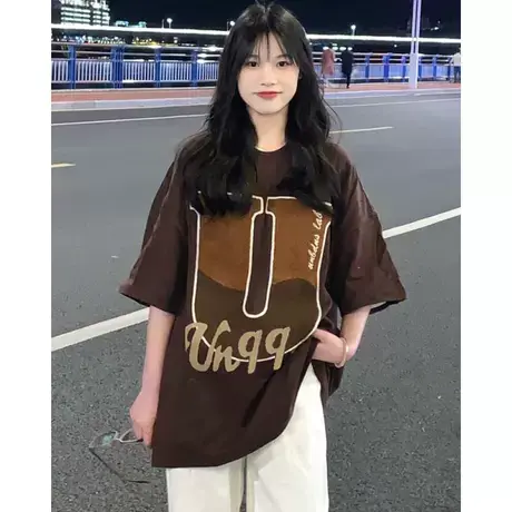 美式正肩短袖t恤女装夏季胖mm大码宽松ins潮设计感小众上衣200斤商品大图