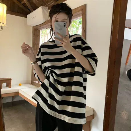 大码黑白条纹t恤女夏装胖mm中长款宽松显瘦薄款短袖港风上衣200斤商品大图