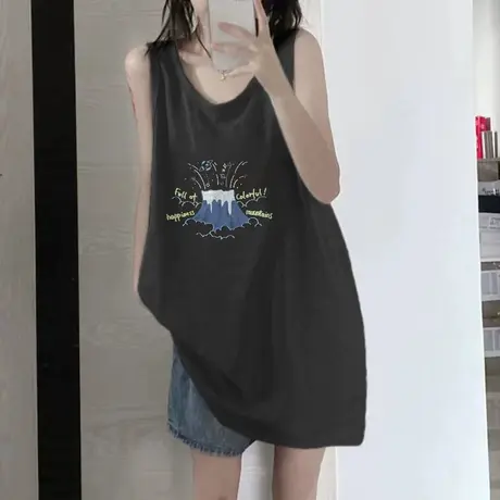 美式纯棉吊带运动背心无袖t恤女夏季外穿篮球服宽松港风挂脖上衣图片