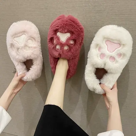 可爱猫爪包跟棉拖鞋女秋冬季毛毛绒保暖厚底防滑室内居家月子棉鞋图片