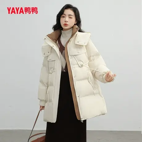 鸭鸭羽绒服女2023年秋冬新品中长款连帽纯色韩版休闲加厚外套W图片