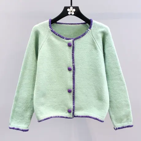 小清新绿色单排扣撞色毛衣外套女秋冬2023新款设计感小众针织开衫图片