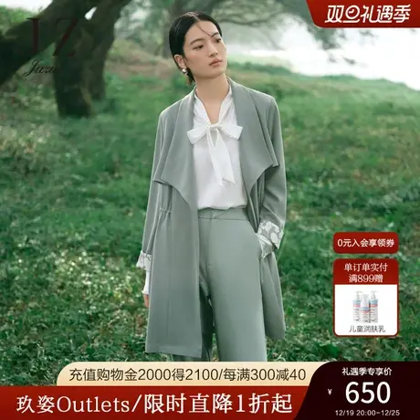 JZ玖姿轻松感翻领风衣女装2023春季新款印花翻边休闲外套绿色商品大图