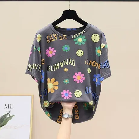 欧货大版时尚印花T恤女夏宽松短袖2023新款设计感小众半袖打底衫商品大图
