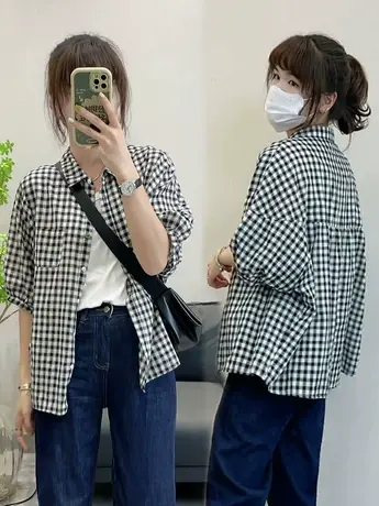 小格子衬衣黑白时尚小格学院风小众长袖潮流格子女韩版显瘦衬衫潮商品大图