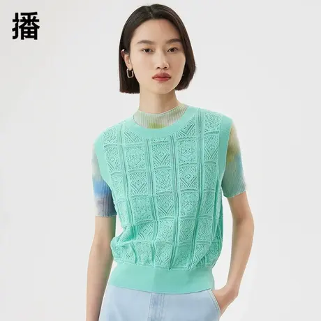 播针织马甲女2023秋季新款罗纹领口满版提花圆领薄款马夹针织衫商品大图