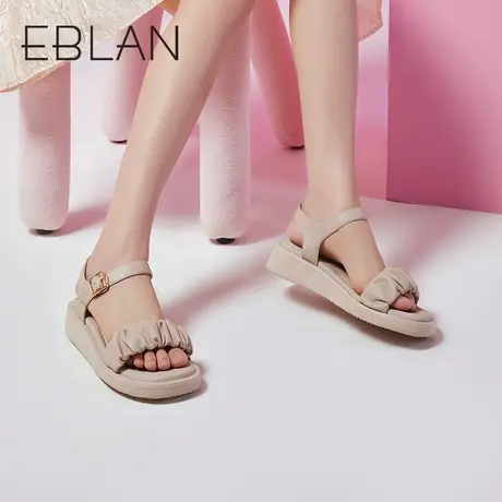 伊伴春夏女鞋云朵一字带羊皮时装休闲凉鞋坡跟舒适软底沙滩凉鞋图片