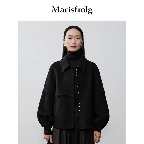 【艺术时装大衣】玛丝菲尔2023年秋季新款黑色双面呢短款大衣外套图片