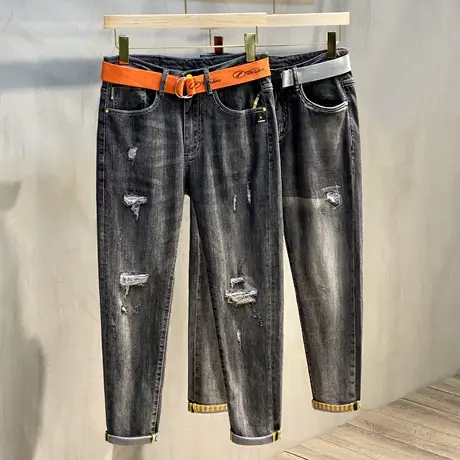 牛仔裤男春季潮牌浅色直筒工装裤男士百搭韩版潮流休闲破洞九分裤图片