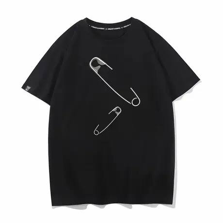 秀洛纯棉圆领短袖T恤夏季男女同款别针宽松休闲i小众设计感情侣装图片