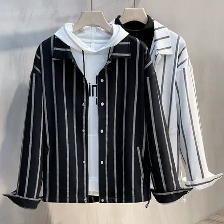 2023年春秋季新款韩版复古条纹衬衫薄夹克潮流宽松长袖衬衣外套男图片