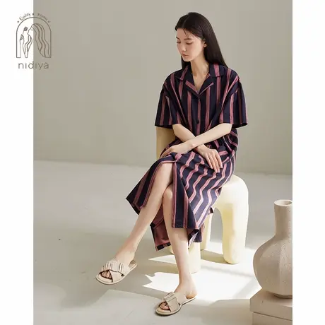 妮狄娅睡衣睡裙女夏薄款纯棉宽松BF风条纹衬衫裙休闲可外穿家居服商品大图