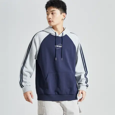 唐狮卫衣男士春秋季新款连帽长袖拼接插肩休闲运动上衣美式潮商品大图