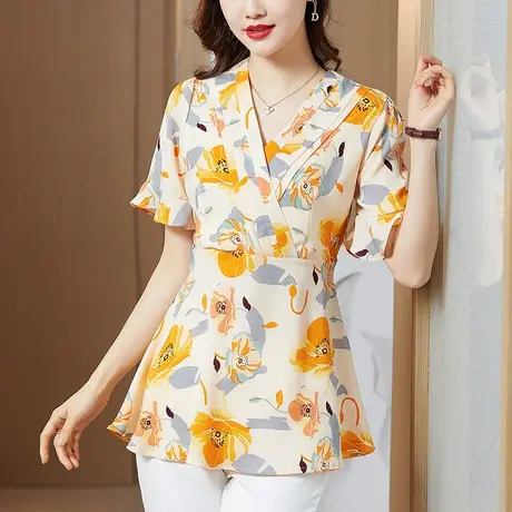 中长款V领印花短袖雪纺衫女夏季遮肚子显瘦上衣妈妈减龄洋气小衫商品大图