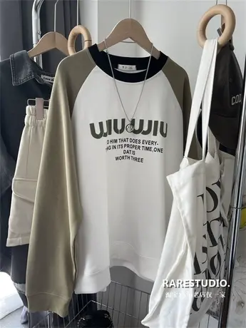 秋季新款插肩袖拼接撞色字母印花简约休闲百搭宽松圆领套头卫衣女商品大图