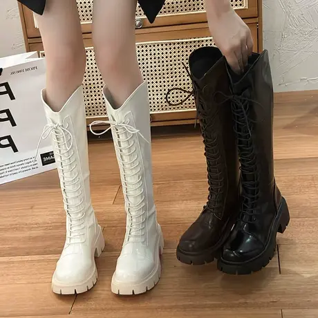 V口显腿长骑士靴女2023春秋新款洋气时装靴英伦风不过膝高筒长靴商品大图