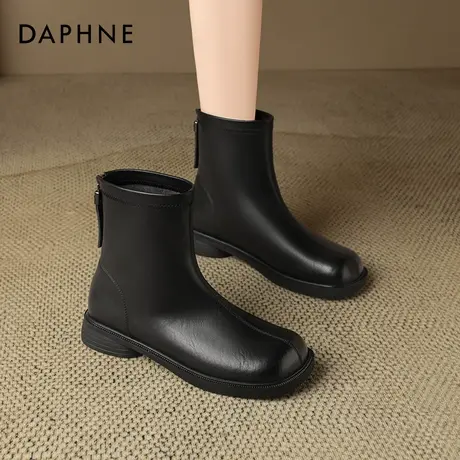 达芙妮黑色短靴女2025新款夏季平底烟筒马丁靴方头气质瘦瘦靴软底商品大图