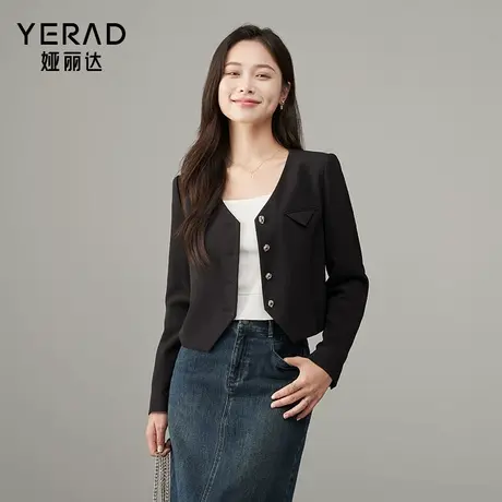娅丽达高级感气质v领黑色西装外套女2025新款小个子休闲秋季西服图片