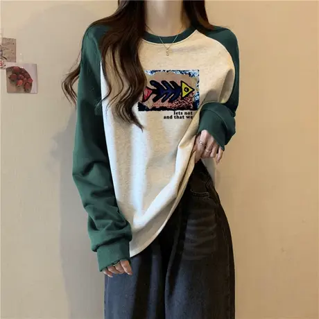 超火cec撞色拼接长袖圆领卫衣女春秋薄款宽松显瘦百搭插肩袖上衣商品大图