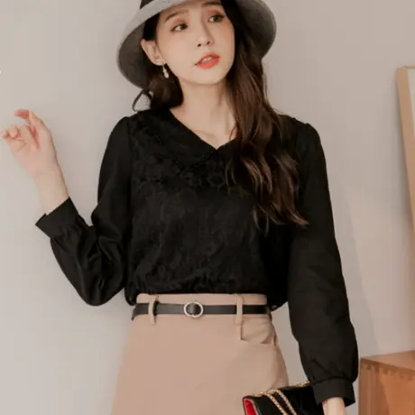 桔熊春秋季韩版温柔风花边衬衫领蕾丝衫泡泡袖上衣女大码AB16310图片