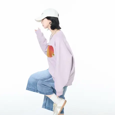 YEP春秋新款浅紫色水果印花圆领卫衣女宽松外套美式街头套头上衣商品大图