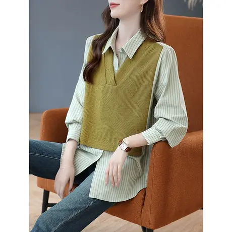 宝诗黎针织拼接假两件竖条纹衬衫女2023秋季新款宽松显瘦套头衬衣商品大图