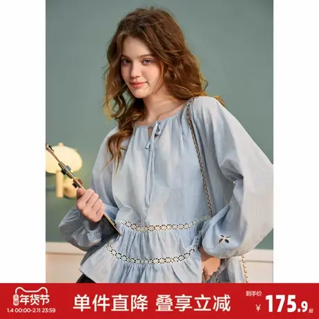 唐狮2026春季新款女荷叶边系带长袖衬衫圆领早春穿搭灯笼袖小个子商品大图