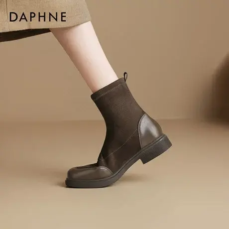 达芙妮棕色短靴女2026新款冬季加绒马丁靴子切尔西女靴平底瘦瘦靴图片