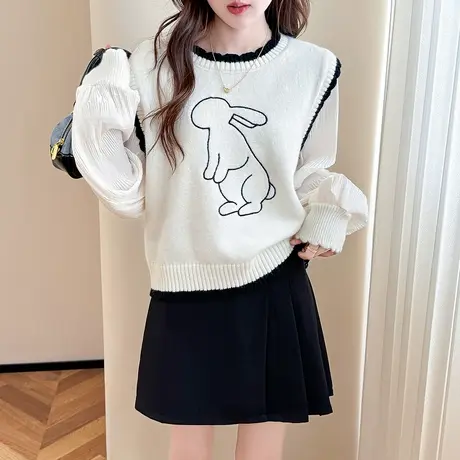 唐狮秋冬季毛衣女法式温柔风假两件卡通兔子图案设毛线衫TU图片