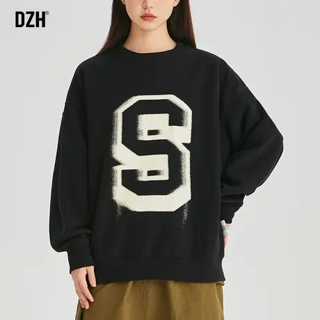 情侣装oversize黑色卫衣男2023新款秋季圆领无帽宽松长袖美式外套商品大图